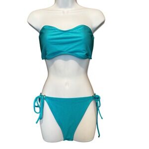 NWT Aerie Shine Ribbed Bandeau Bikini Set XL Teal Blue Cheeky Gold Ring Side Tie